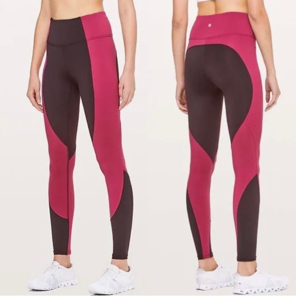 Lululemon Wake & Train High Rise Leggings 28" Black Satin/Star Red Ruby Size 4